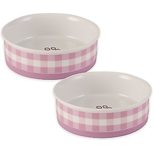 Bone Dry Petite Check Ceramic Dog & Cat Bowl, Large: 3.75-cup, 2 count, Pansy Purple