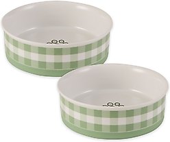 Bone Dry Petite Check Ceramic Dog & Cat Bowl, Large: 3.75-cup, 2 count, Desert Sage