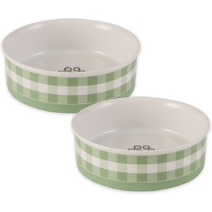 Bone Dry Petite Check Ceramic Dog & Cat Bowl, Large: 3.75-cup, 2 count, Desert Sage