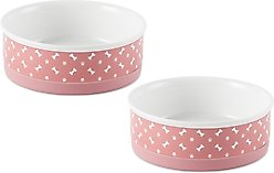 Bone Dry Tossed Bone & Paw Print Non-Skid Ceramic Dog & Cat Bowl Set, Rose, Medium: 1.5-cup, 2 count