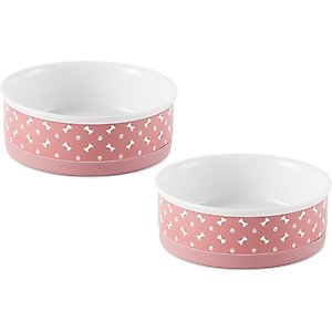 Bone Dry Tossed Bone & Paw Print Non-Skid Ceramic Dog & Cat Bowl Set, Rose, Medium: 1.5-cup, 2 count
