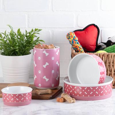 Show full view: Bone Dry Tossed Bone & Paw Print Non-Skid Ceramic Dog & Cat Bowl Set, Rose, Medium: 1.5-cup, 2 count slide 4 of 5