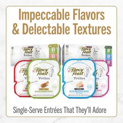 Show full view: Fancy Feast Petites In Gravy Ocean Whitefish with Tomato Entree Wet Cat Food, 24 Servings, 2.8-oz tray, case of 12 slide 9 of 12