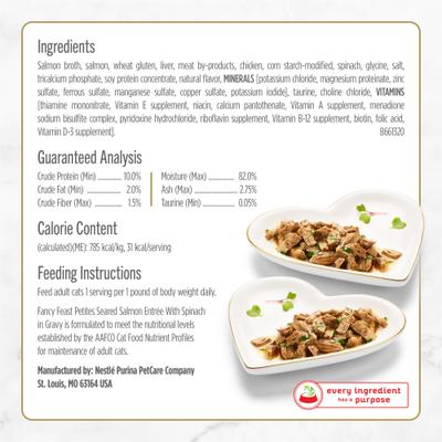 Show full view: Fancy Feast Petites In Gravy Seared Salmon with Spinach Entree Wet Cat Food, 24 Servings, 2.8-oz tray, case of 12 slide 7 of 12