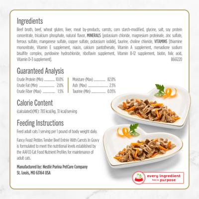 Show full view: Fancy Feast Gourmet Gravy Petites Tender Beef with Carrots Entree Wet Cat Food, 24 Servings, 2.8-oz tray, case of 12 slide 7 of 12