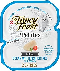Fancy Feast Petites In Gravy Ocean Whitefish with Tomato Entree Wet Cat Food, 24 Servings, 2.8-oz tray, case of 12