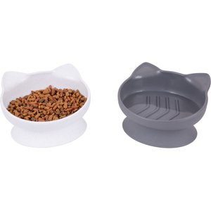Kitty City Cat Ear Slow-Feed Elevated Cat Bowls, White & Grey, 10-oz, 2 count