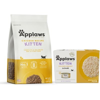 Applaws Applaws Chicken Breast in Broth Wet Food, 2.47-oz can, case of 6 + Complete Chicken Recipe for Kittens Dry Cat Food, 4-lb bag, 1 count