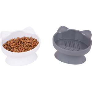 Kitty City Cat Ear Slow-Feed Elevated Cat Bowls, White & Grey, 6.5-oz, 2 count