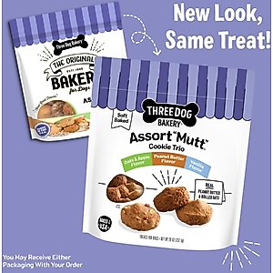 Three Dog Bakery Soft Baked AssortMutt Trio, Oat, PB, & Vanilla Dog Treats, 26-oz bag