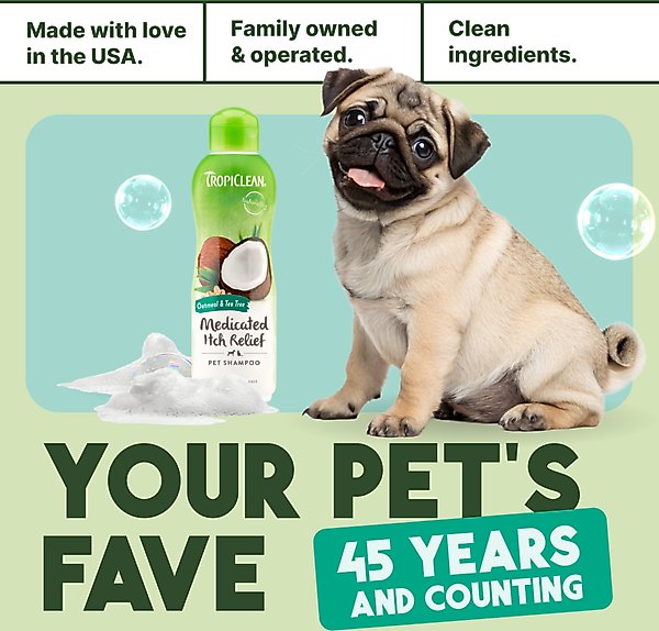 Show full view: TropiClean Medicated Itchy Skin Relief Oatmeal & Tea Tree Dog Shampoo, 20-fl oz bottle slide 8 of 12