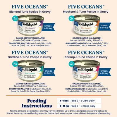 Show full view: Solid Gold Five Oceans Variety Pack Grain-Free Shreds in Gravy Wet Cat Food, 3-oz can, case of 12 slide 6 of 9