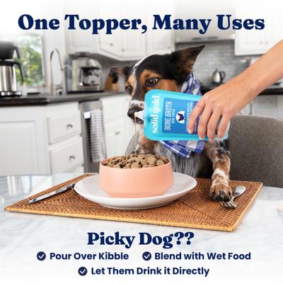 Show full view: Variety Pack - Solid Gold Turkey Bone Broth with Pumpkin & Ginger Dog Food Topper, Chicken with Lavender & Chamomile & Beef with Turmeric Flavors slide 6 of 10