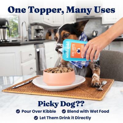 Show full view: Variety Pack - Solid Gold Turkey Bone Broth with Pumpkin & Ginger Dog Food Topper, Chicken with Lavender & Chamomile & Beef with Turmeric Flavors slide 3 of 10