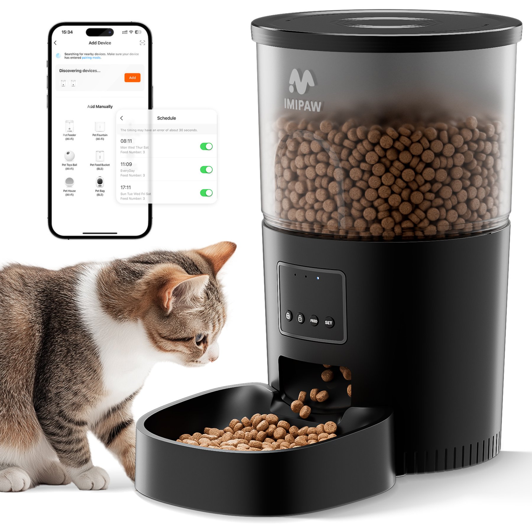 IMIPAW 2.4G & 5G WiFi APP Remote Control Automatic Cat & Small Dog Pet Feeder, 3-L
