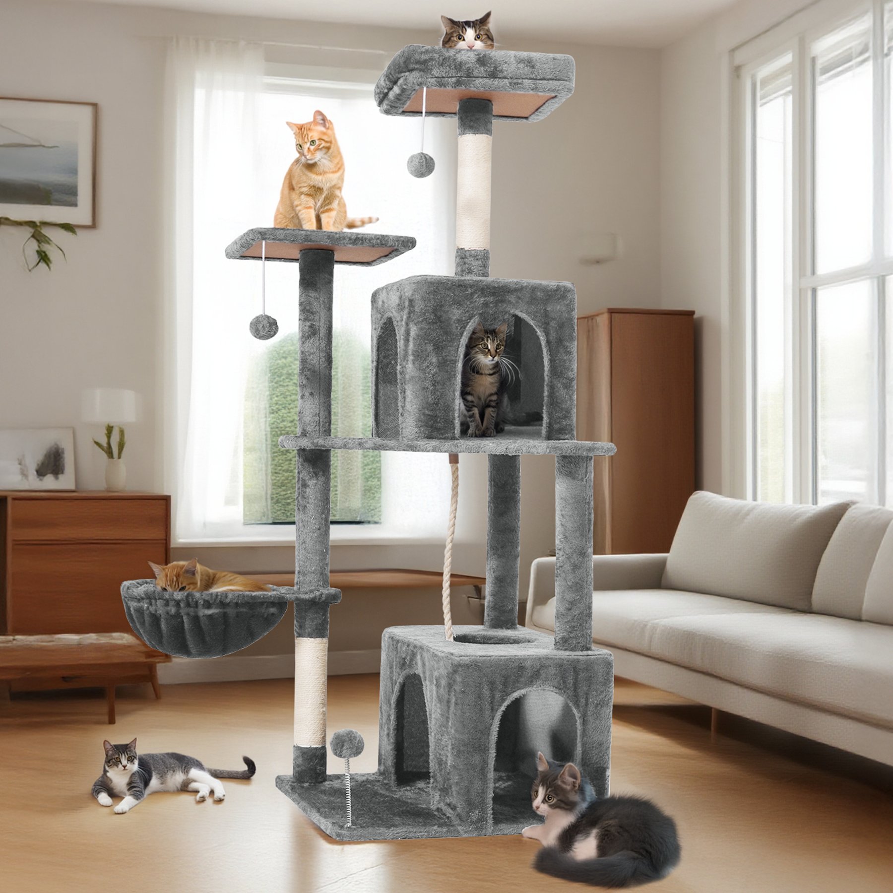 TSCOMON Multi-Level 55-in Plush Cat Tree & Condo with Scratching Post, Gray
