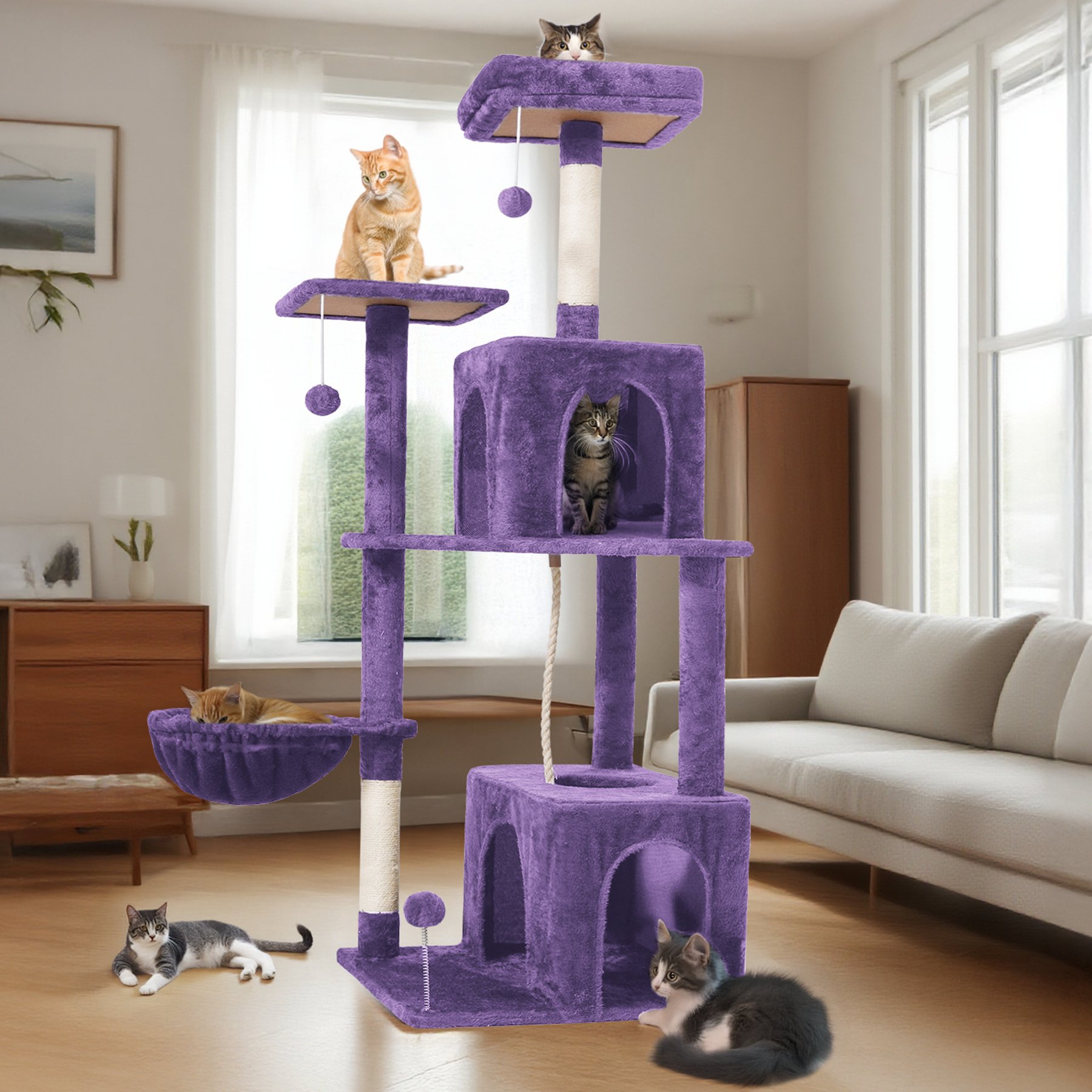 TSCOMON Multi-Level 55-in Plush Cat Tree & Condo with Scratching Post, Purple