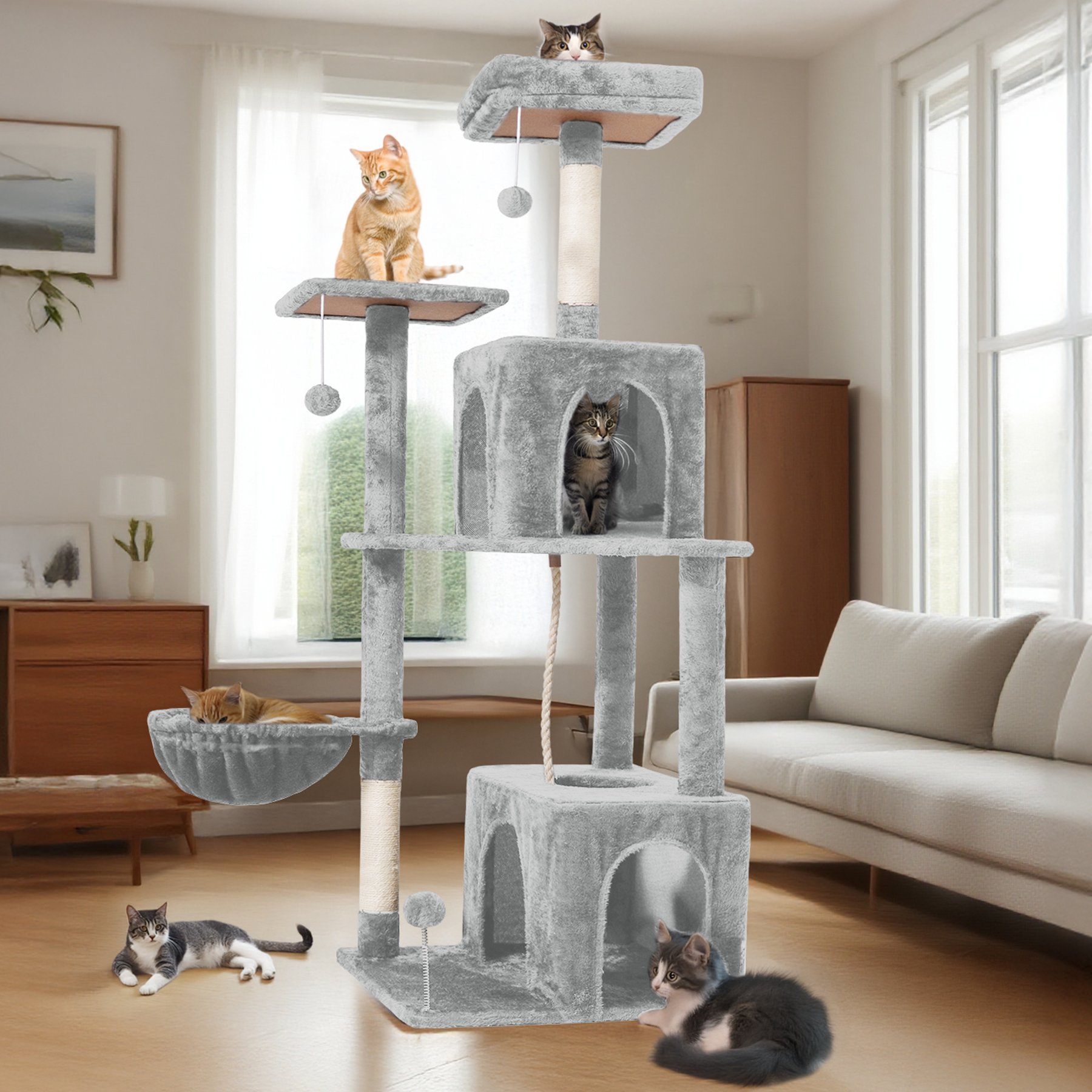 TSCOMON Multi-Level 55-in Plush Cat Tree & Condo with Scratching Post, Light Gray