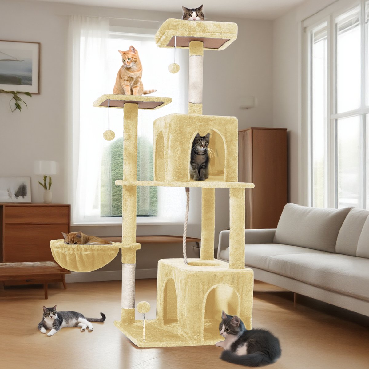 TSCOMON Multi-Level 55-in Plush Cat Tree & Condo with Scratching Post, Beige