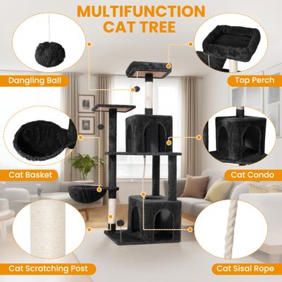 Show full view: TSCOMON Multi-Level 55-in Plush Cat Tree & Condo with Scratching Post, Black slide 6 of 10