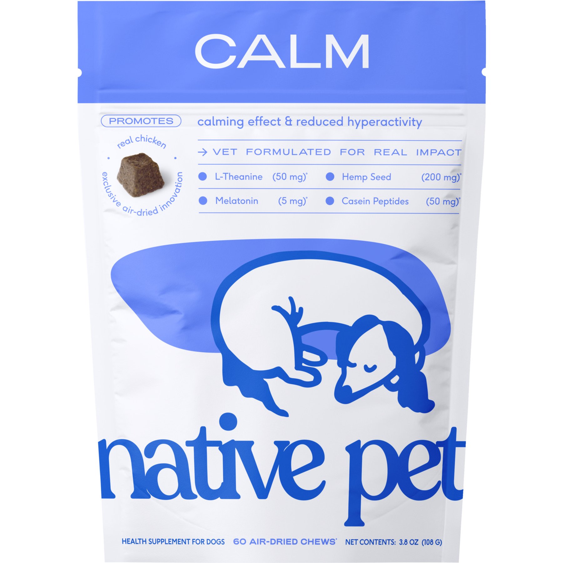 Native Pet Chicken Flavored Air-Dried Chews Calming Supplement for Dogs, 60 count