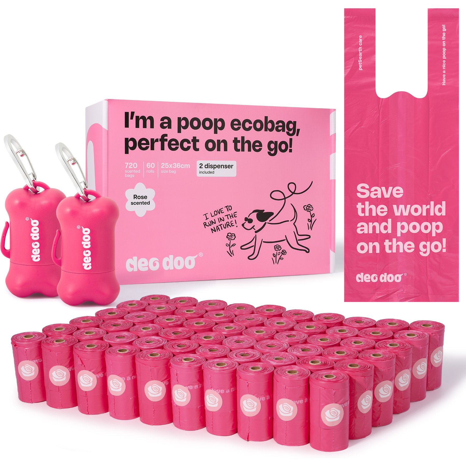 Deo Doo 2 Dog Poop Bag Dispensers with Bags & Handles, 720 count, Rose Scented