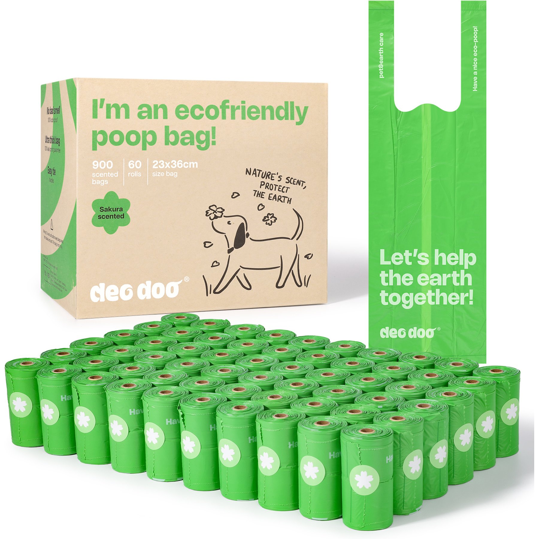 Deo Doo Dog Poop Bags with Handles, Sakura Scented, 900 count
