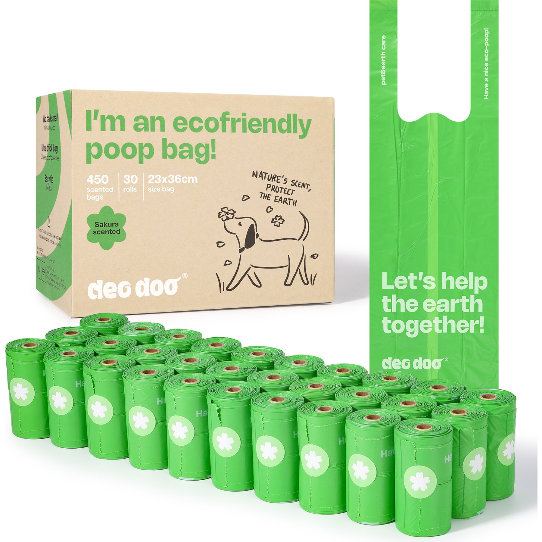 Deo Doo Dog Poop Bags with Handles, Sakura Scented, 450 count