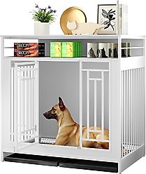 Yafylly 43.3-Inch Chew-Proof Decorative Dog House with Storage Shelf, Large, White