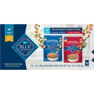 Blue Buffalo Delectables Chicken & Beef Dinner Variety Pack Grain-Free Wet Dog Food Topper, 3-oz pouches, case of 12