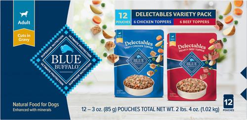 Show full view: Blue Buffalo Delectables Chicken & Beef Dinner Variety Pack Grain-Free Wet Dog Food Topper, 3-oz pouch, bundle of 24  slide 4 of 11