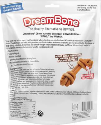 Show full view: DreamBone CollaYUMS Knots Plus Collagen Chicken & Peanut Butter Flavor Rawhide Free Dog Chews, 14 count slide 3 of 12