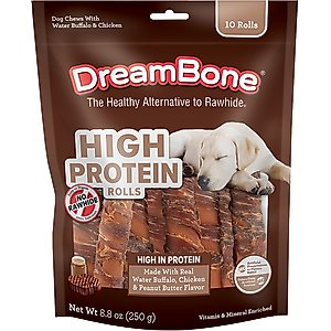 DreamBone High Protein Rolls Water Buffalo, Chicken & Peanut Butter Flavor Dog Treat Chew, 10 count