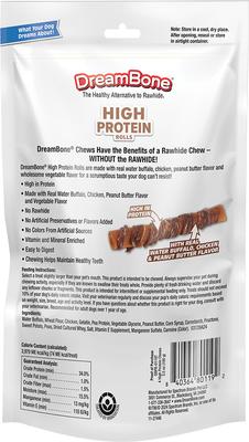 Show full view: DreamBone High Protein Rolls Water Buffalo, Chicken & Peanut Butter Flavor Rawhide Free Dog Chews, 4 count slide 3 of 11