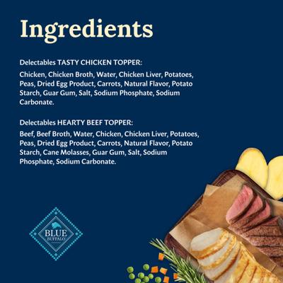 Show full view: Blue Buffalo Delectables Chicken & Beef Dinner Variety Pack Grain-Free Wet Dog Food Topper, 3-oz pouch, bundle of 24  slide 7 of 11