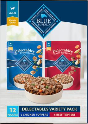 Show full view: Blue Buffalo Delectables Chicken & Beef Dinner Variety Pack Grain-Free Wet Dog Food Topper, 3-oz pouch, bundle of 24  slide 5 of 11