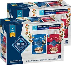 Blue Buffalo Delectables Chicken & Beef Dinner Variety Pack Grain-Free Wet Dog Food Topper, 3-oz pouch, bundle of 24 