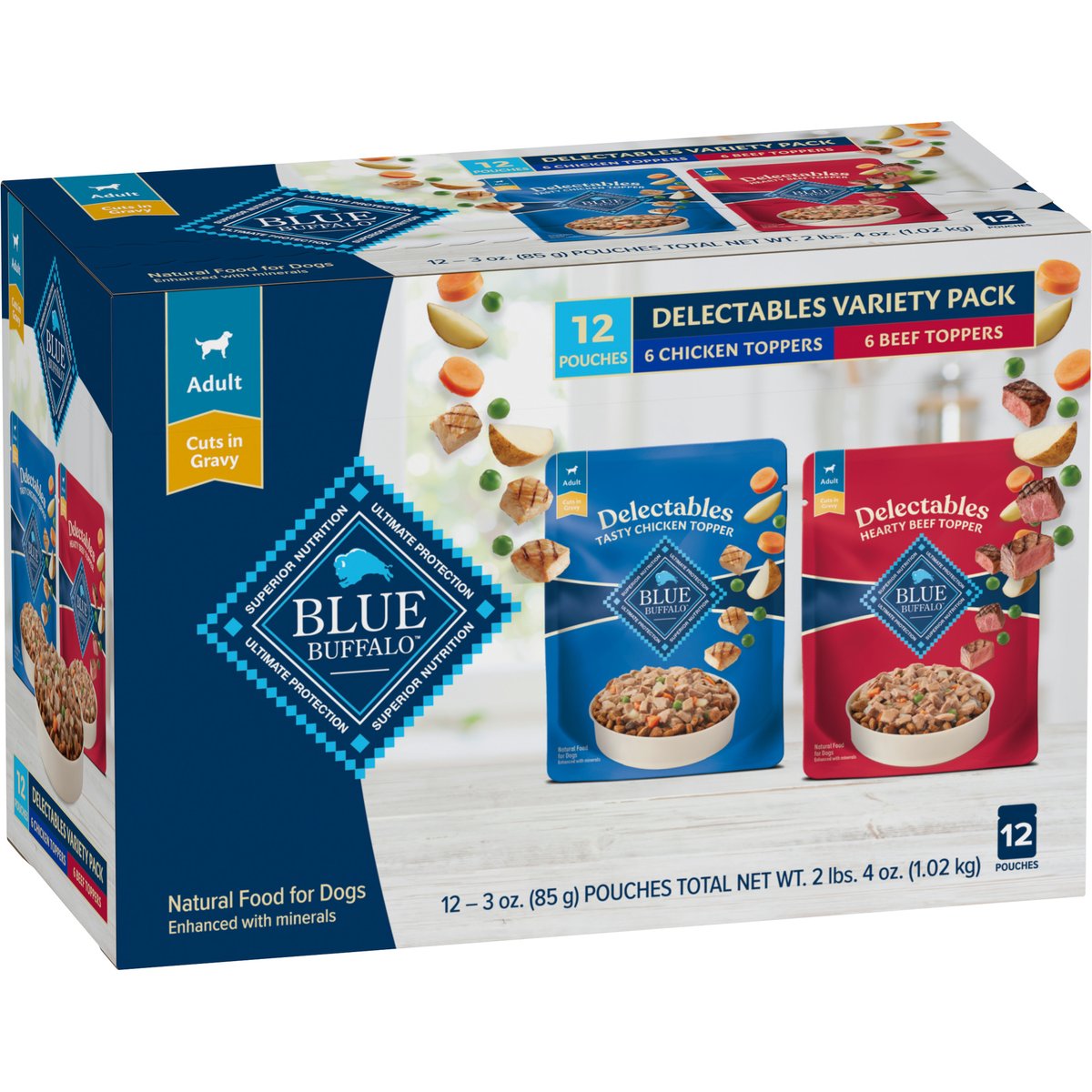 Blue Buffalo Delectables Chicken & Beef Dinner Variety Pack Grain-Free Wet Dog Food Topper, 3-oz pouch, bundle of 24