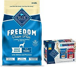 Blue Buffalo Delectables Chicken & Beef Dinner Variety Pack Wet Food Topper + Freedom Chicken Recipe Dry Dog Food