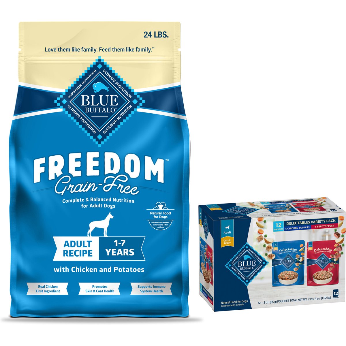 Blue Buffalo Delectables Chicken & Beef Dinner Variety Pack Wet Food Topper + Freedom Chicken Recipe Dry Dog Food