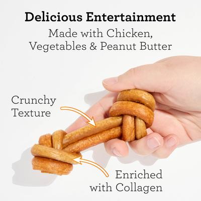 Show full view: DreamBone CollaYUMS Knots Plus Collagen Chicken & Peanut Butter Flavor Rawhide Free Dog Chews, 14 count slide 4 of 12