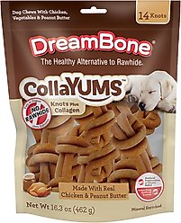 DreamBone CollaYUMS Knots Plus Collagen Chicken & Peanut Butter Flavor Rawhide Free Dog Chews, 14 count