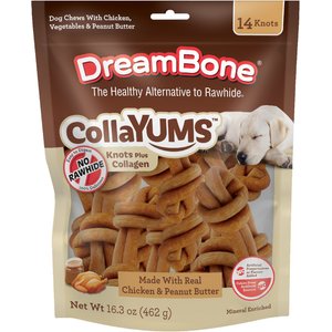 DreamBone CollaYUMS Knots Plus Collagen Chicken & Peanut Butter Flavor Rawhide Free Dog Chews, 14 count