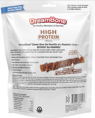 Show full view: DreamBone High Protein Rolls Water Buffalo, Chicken & Peanut Butter Flavor Rawhide Free Dog Chews, 10 count slide 3 of 11