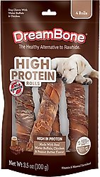 DreamBone High Protein Rolls Water Buffalo, Chicken & Peanut Butter Flavor Rawhide Free Dog Chews, 4 count