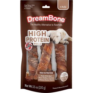 DreamBone High Protein Rolls Water Buffalo, Chicken & Peanut Butter Flavor Rawhide Free Dog Chews, 4 count