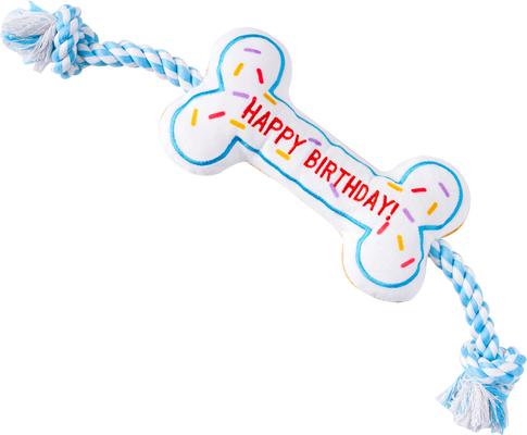 Show full view: PAWTY TOYS Birthday Bone Tug Rope Squeaky Plush Dog Toy, White/Blue slide 5 of 5