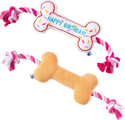 Show full view: PAWTY TOYS Birthday Bone Tug Rope Squeaky Plush Dog Toy, White/Pink slide 3 of 4