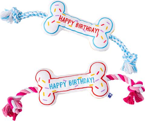 Show full view: PAWTY TOYS Birthday Bone Tug Rope Squeaky Plush Dog Toy, White/Blue slide 3 of 5