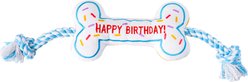 PAWTY TOYS Birthday Bone Tug Rope Squeaky Plush Dog Toy, White/Blue